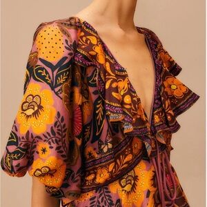 NWT FARM Rio Size XS Garden Bloom Golden Pink Floral Ruffle Maxi Dress w V-Neck